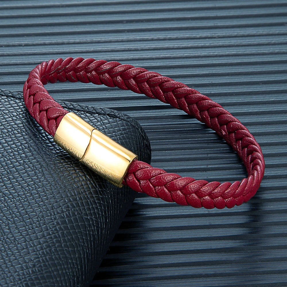 MKENDN Simple Classic Stainless Steel Bracelet for Women Men Genuine Braided Leather Bangles Special Couple Jewelry Gift