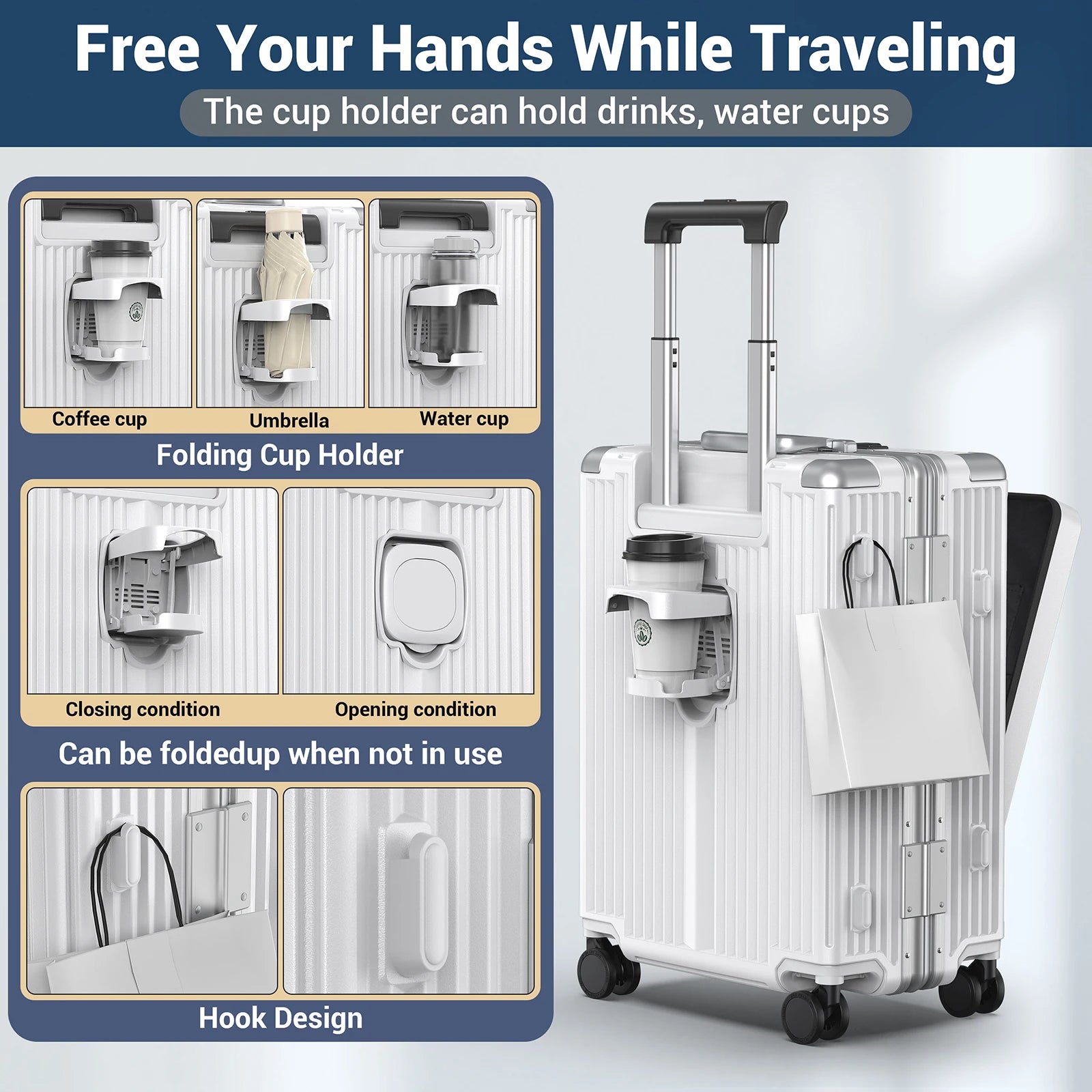 Airline Approved 22 inch Carry On Luggage,Aluminum Framed Carry On Suitcase with Front Open Laptop Compartment/Pocket