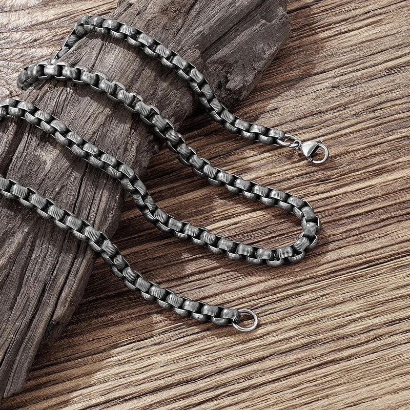 MKENDN Locomotive Men Boys Vintage Oxidized Black Chain 6MM Round Box Link Stainless Steel Necklace Punk Rock Biker Jewelry - Madeinsea©