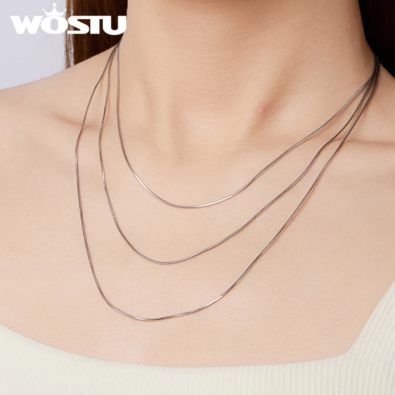 WOSTU 925 Sterling Silver Box Chain Necklace Snake Chain Original For Women Fit Pendant&Charm Making DIY Fine Jewelry Wholesale