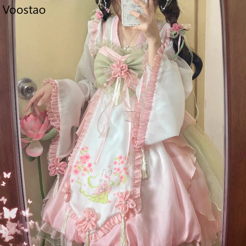 Sweet Lolita Princess Dress Women Cute Cartoon Rabbit Print Flower Ruffles Party Dresses Chinese Hanfu Style Kawaii Lolita Sets