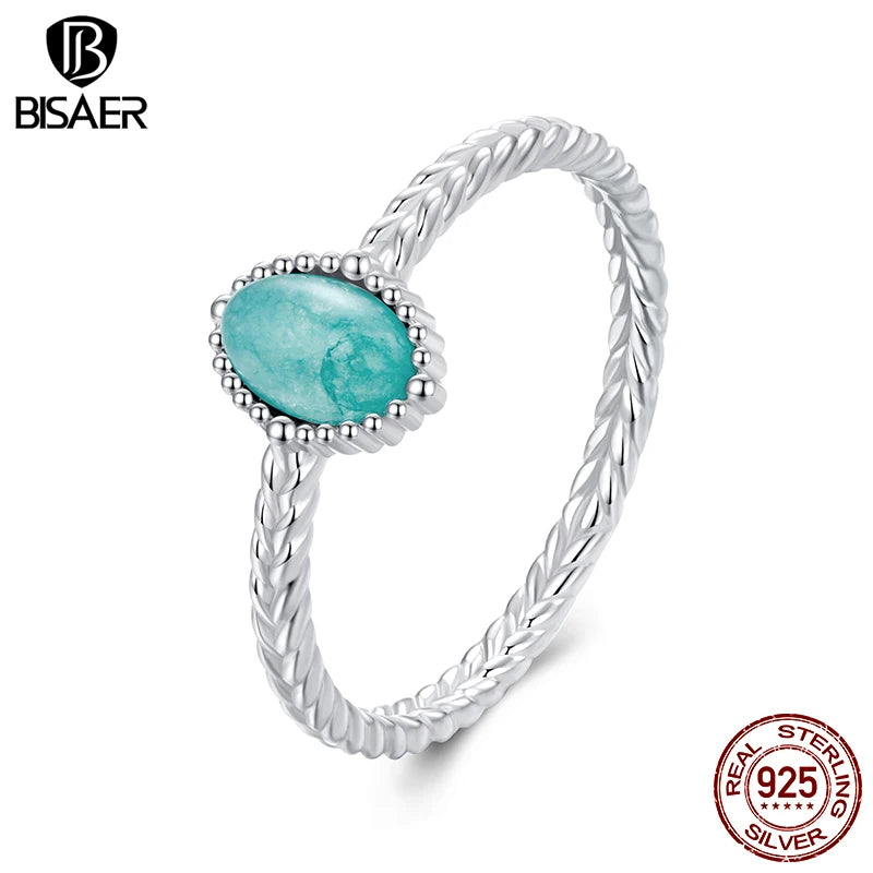 Bague solitaire en argent sterling 925 BISAER avec amazonite et bande ovale plaquée or blanc pour femme élégante, bijoux fins de fête EFR624