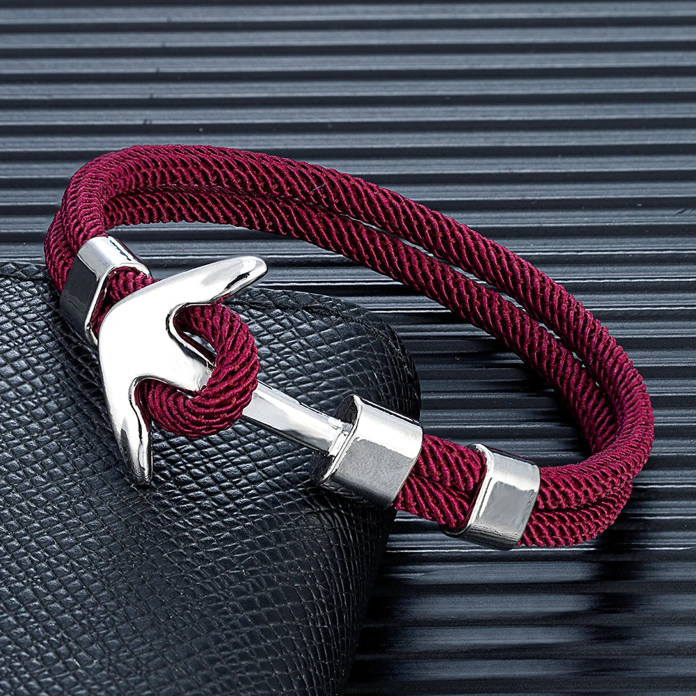 MKENDN Anker-Armbänder für Herren, doppelsträngig, nautisches Surfer-Armband, wasserdicht, Seil, silberfarben, Bootsschnalle