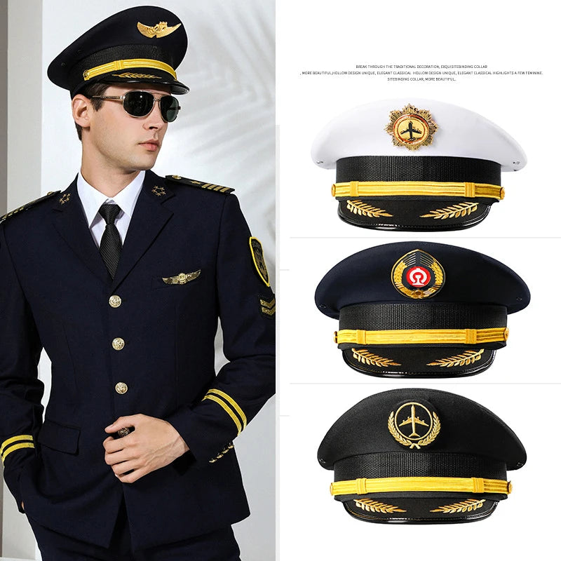 Vintage Officer Peaked Cap Classic Design Adjustable Strap for Aviation Navy Captain Security Railway Personnel Unisex Fits Most