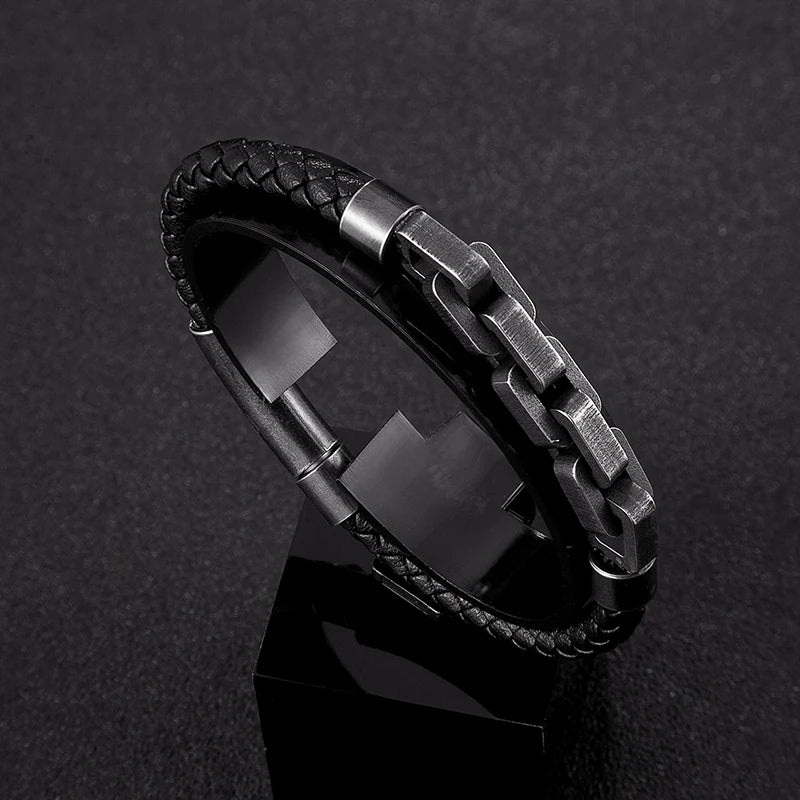 MKENDN Charm Braid Rope Bracelet For Men Stainless Steel Oxidized Biker Chain With Button Buckle Male Female Punk Jewelry Gift