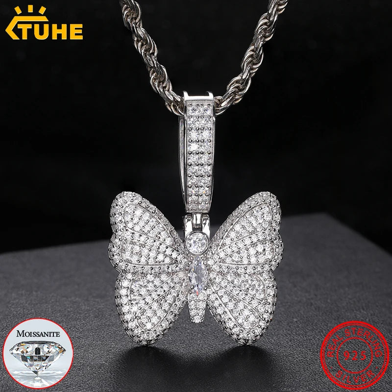 Original Women Luxury Full Iced Out Moissanite Butterfly Pendants Fashion Silver 925 Charms Jewelry Man Necklace Chain Wholesale