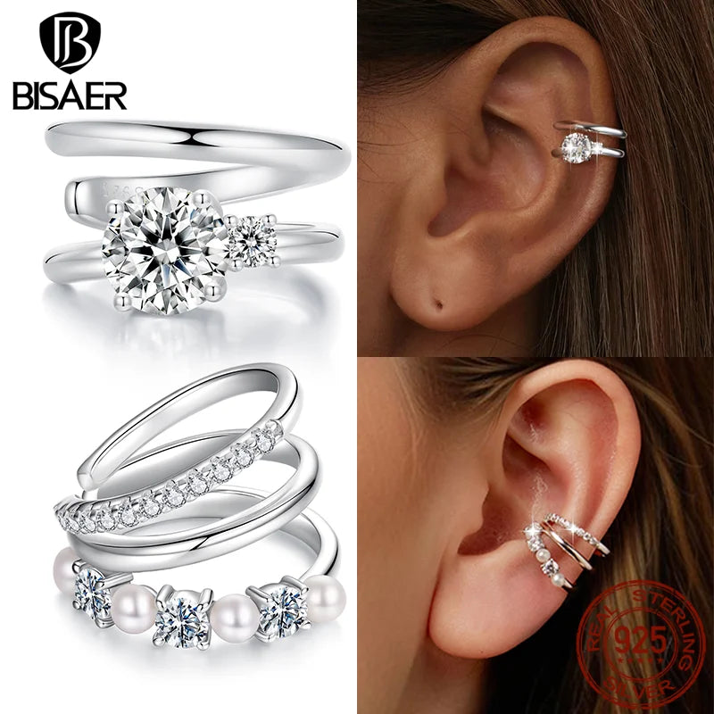 BISAER Pearl Moissanite Bowknot Ear Clips 925 Sterling Silver VVS1 Clarity Lab Created Diamond For Women Wedding Jewelry Gift