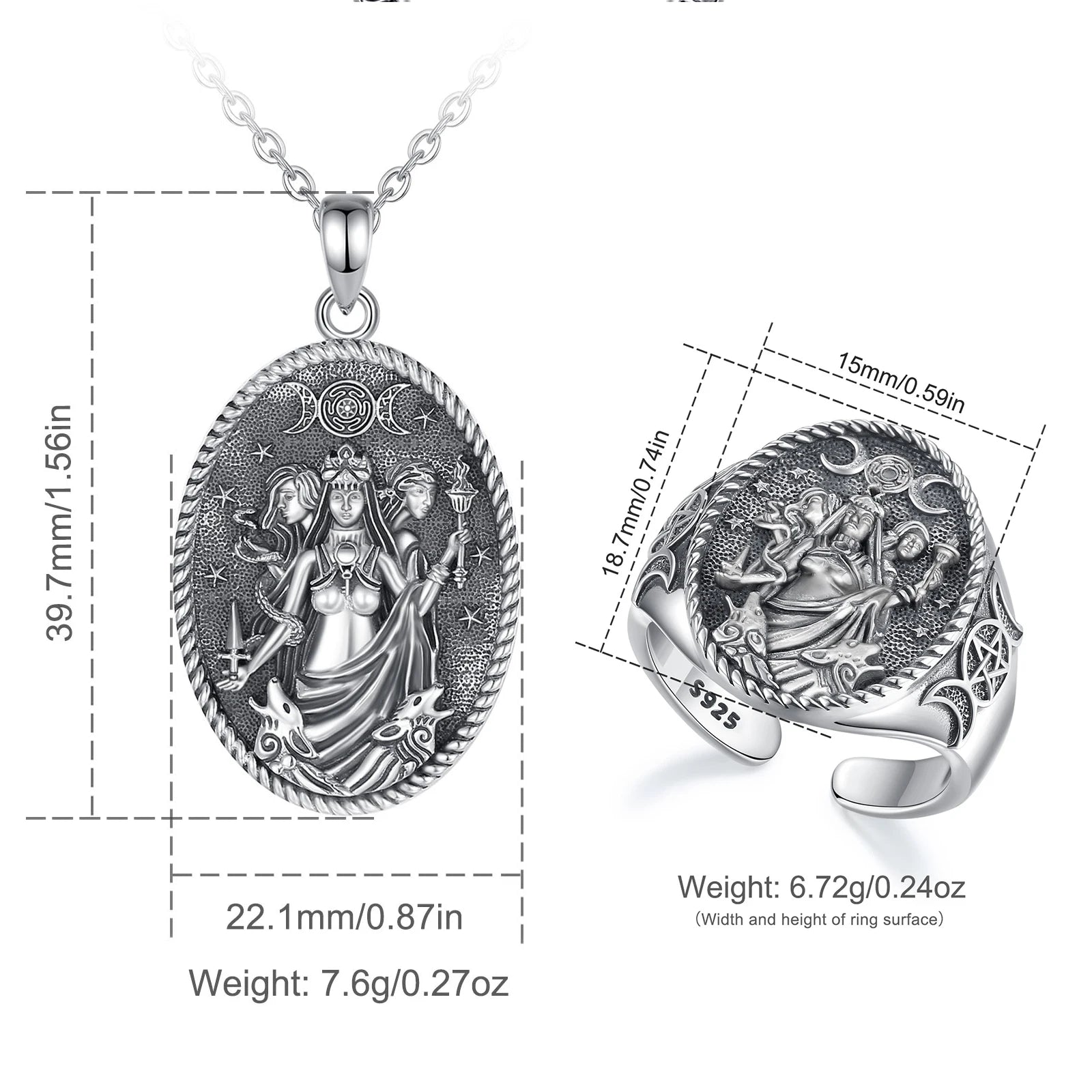 Eudora 925 Sterling Silver Triple Moon Goddess Adjustable Ring & Necklace Dog Hecate Amulet Necklace Triple Goddess Jewelry Set