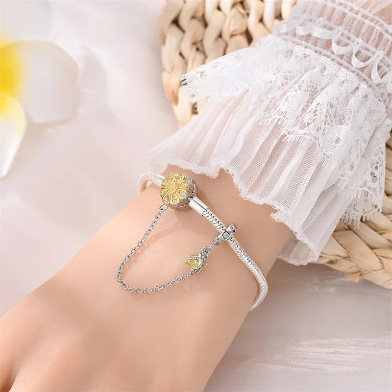 New Springtime 925 Silver Colorful Flower Butterfly Daisy Bracelets With Safety Chain Fit DIY Charms Beads Fine Birthday Jewelry