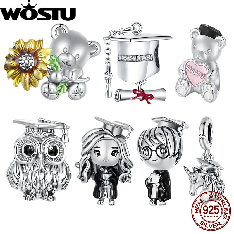 WOSTU 925 Sterling Silver Graduation Charm Unicorn Wise Owl Pendant Bachelor's cap Beads Original for Girl Boy Fine Jewelry DIY