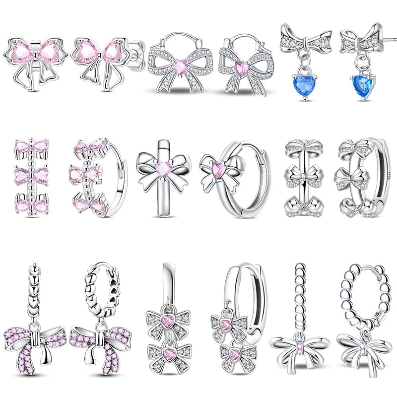Sweet Bows Earrings 925 Silver Shining Heart Shaped Zircon Hoop Earrings For Women Engagement Birthday Proluxy Fine Jewelry Gift