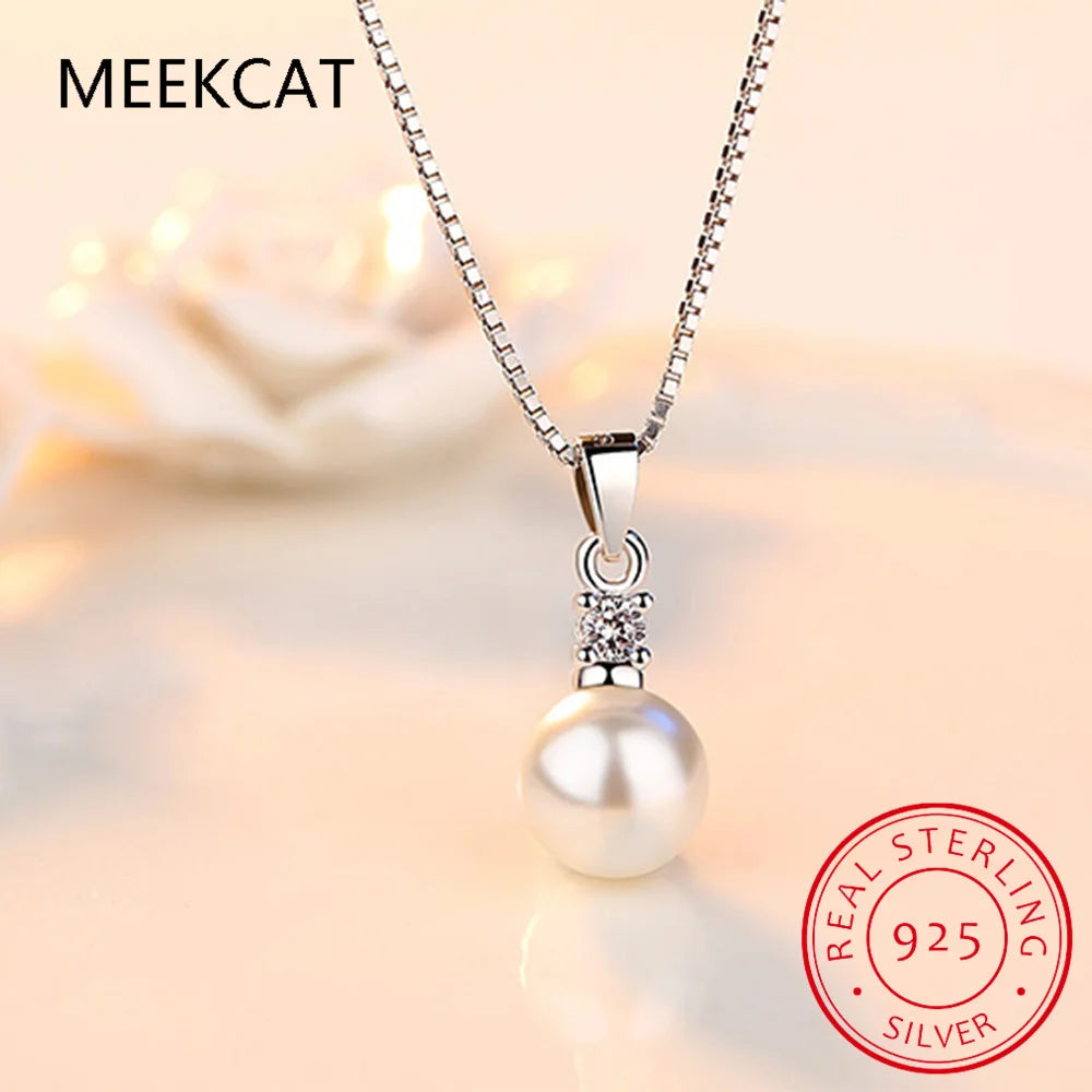 Real 925 Sterling Silver Zircon CZ Pearl Round Choker Necklace For Women OL Fine Jewelry Minimalist Accessories