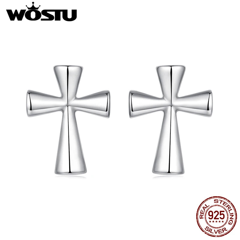 WOSTU Solid 925 Sterling Silver Simple Cross Stud Earrings For Women, Daily Wear Guard Ankh Egyptian Ear Studs Jewelry Gift