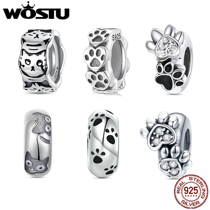WOSTU 925 Sterling Silver Pet Paw Print Silicone Beads Lovely Cat Spacer Bead Fit Original Bracelet Gift For Pet Lover Family