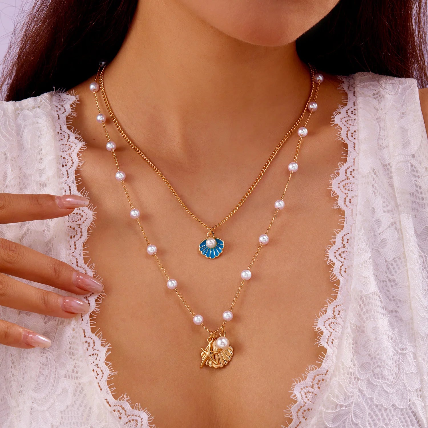 Boho Bohemian Sea Shell Starfish Pendant Necklaces For Women Double Layered Tortoise Imitation Pearl Bead Chain Beach Jewelry