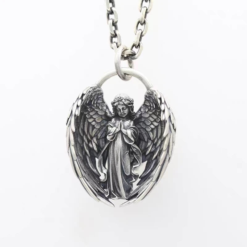 Classic Silver Plated Praying Angel Wings Pendant Necklace Men Women Fashion Protection Amulet Jewelry Birthday Gift