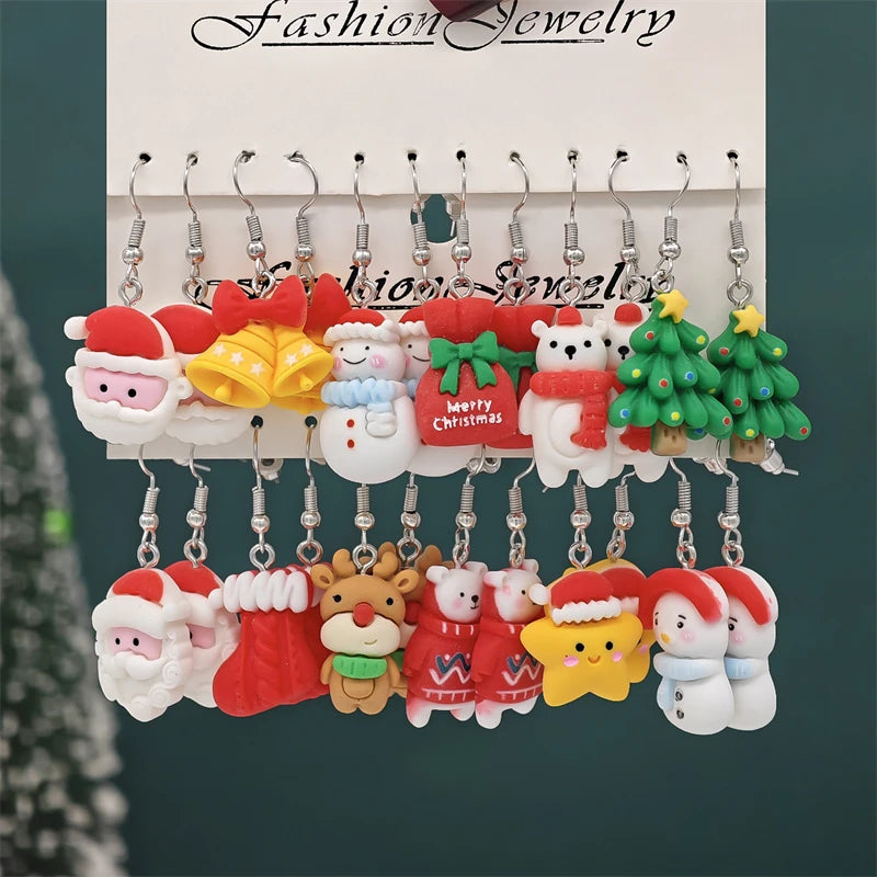 6 Pairs Colorful Christmas Cartoon Dangle Earrings Set For Women Girls Cute Santa Claus Snowman Elk Resin Drop Earring Jewelry