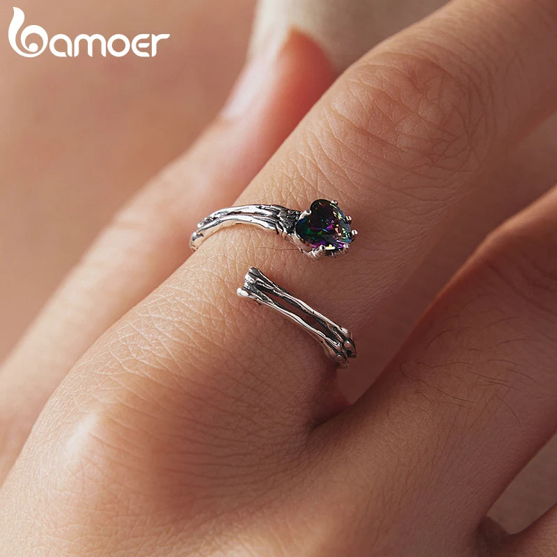 Bamoer 925 Sterling Silber Totenkopf-Hand-Ring, verstellbarer Regenbogenherz-Ring, zweilagig, für Damen, Halloween-Punk-Schmuckgeschenk