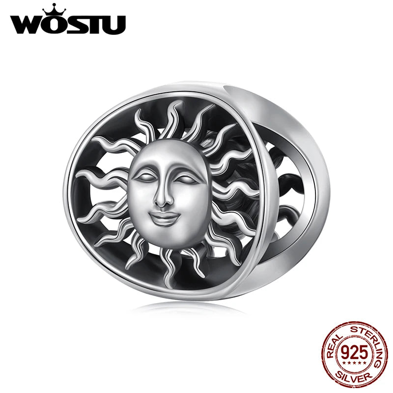 WOSTU Solid Vintage 925 Sterling Silver Sun God Pendant Charm Retro Hollow Beads fit Bracelet DIY Jewelry Anniversary Gift