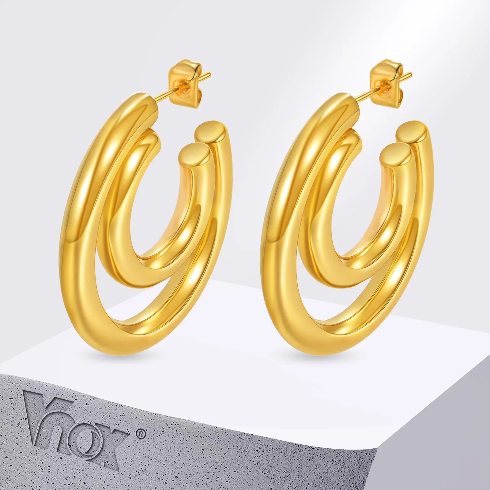 Vnox Elegant Gold Color Hoop Earring For Woman Stainless Steel Vintage Geometric 2pcs Earrings 2025 New Statement Jewelry Gifts