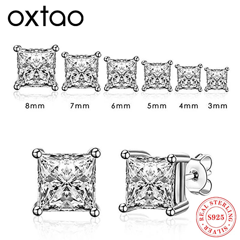 OXTAO Square 925 Sterling Silver Stud Four-claw Earrings For Women 3-8mm Zirconia Earring Wedding Party Fashion Jewelry Gift