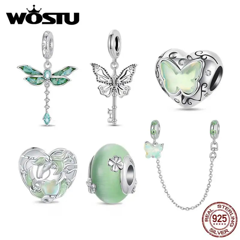 WOSTU 925 Silver Green Butterfly Heart Charm Clover Murano Bead Dragonfly unicorn Pendant fit Bracelet Necklace DIY Jewelry Gift