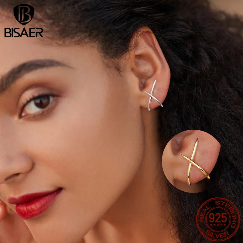 BISAER 925 Sterling Silver Double Huggie Stud Earrings Trendy X Minimalist Hypoallergenic 14K Gold Plated Earrings for Women