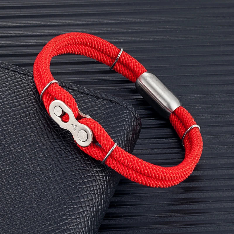 MKENDN Locomotive Men Punk Rock Bicycle Chain Bracelet Wristband Fashion Nautical Rope Bracelets Stainless Steel Magnet Buckle