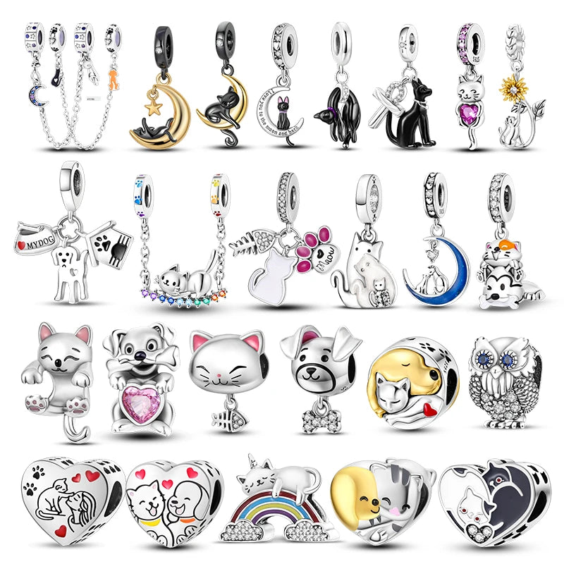 Süße Katzen- und Hunde-Kollektion, 925er Silber, Charm-Perlen, Haustier, Katze, Hund, baumelnd, passend für Pandora-Armband und Halskette, DIY-Schmuck