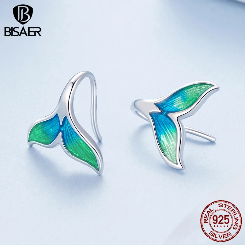 BISAER 925 Sterling Silver Mermaid Stud Earrings Blue Gradient Enamel process Stud Ear for Women Party Fine Jewelry Holiday Gift