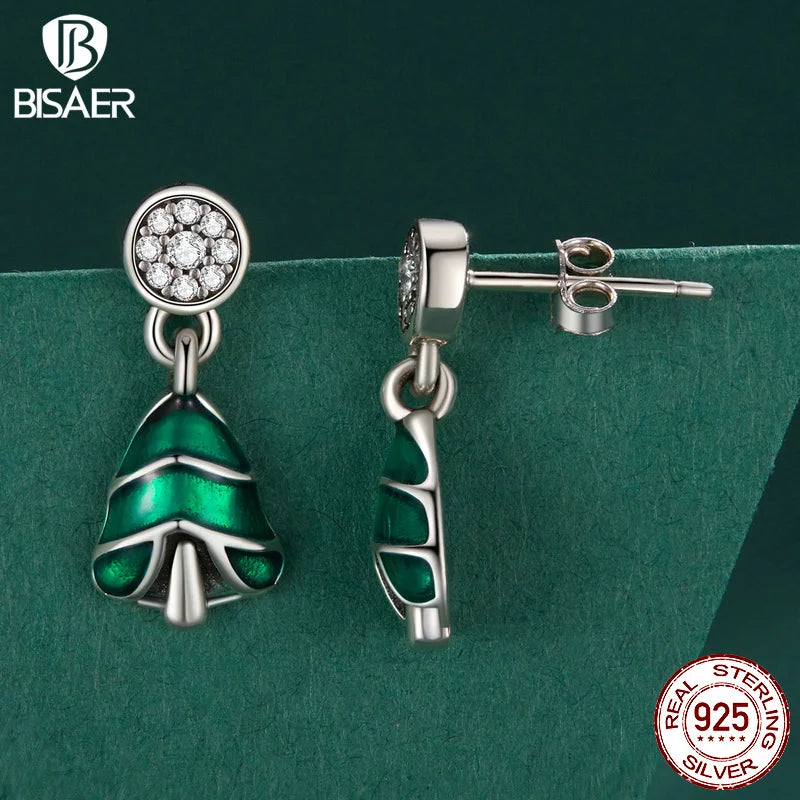 BISAER Boucles d'oreilles à tige en forme de sapin de Noël en argent sterling 100 % 925 avec zircone pour femme, bijoux fins, cadeau de fête, EFE919