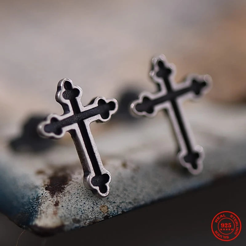 MKENDN Minimalist Men Women Punk Retro 925 Sterling Silver Gothic Cross Stud Earrings Street Hip Hop Ear Jewelry Gifts