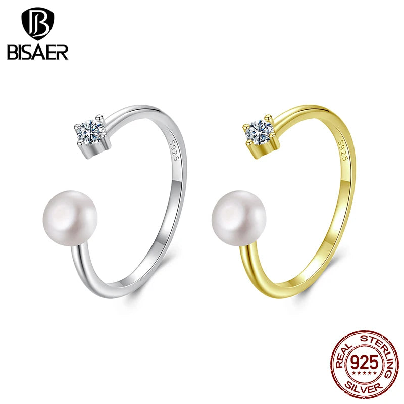BISAER 0.1CT Cut Lab Diamond Moissanite Adjustable Ring 925 Sterling Silver Freshwater Pearl Open Band for Women Fine Jewelry