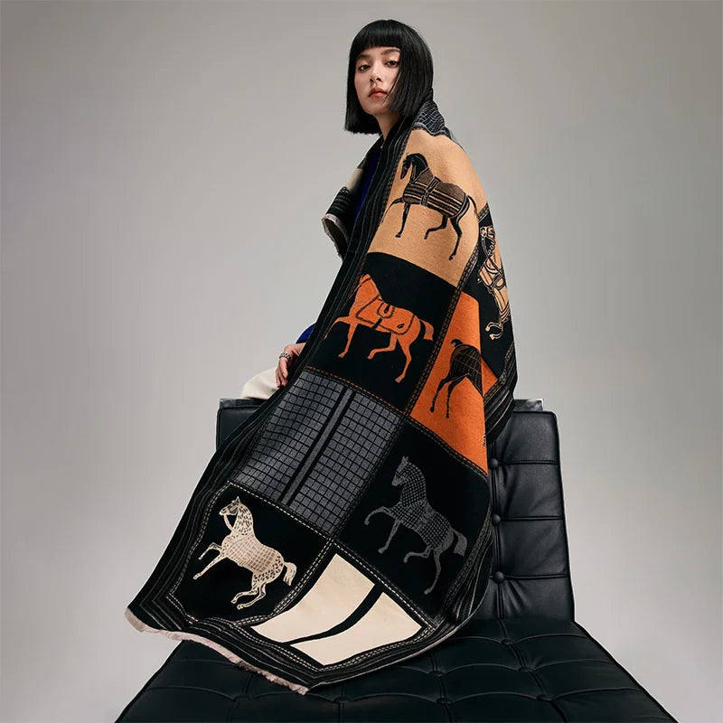 New Hot Winter Scarf Women Soft Cashmere Warm Pashmina Plaid Horse Print Scarves Wraps Thick Shawl Bufandas Tassel Stoles Hijabs