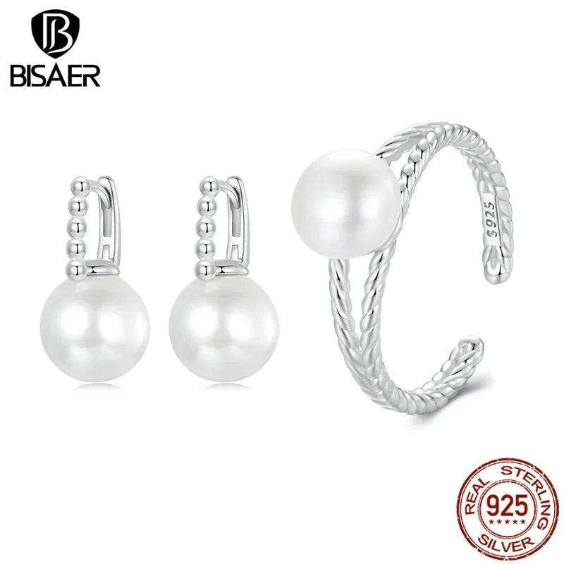 BISAER Bague ouverte en argent sterling 925 avec perles d'eau douce et boucles d'oreilles à tige pour femmes élégantes, ensemble de bijoux fins pour fête, cadeau d'automne