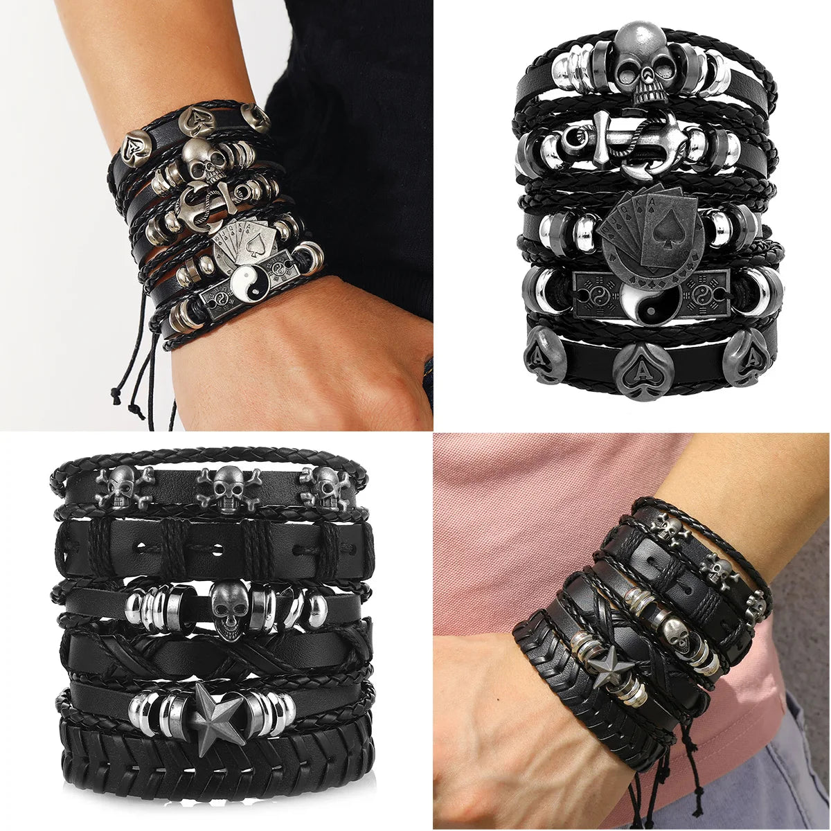 8 Fashion Bracelet Viking Bracelet For Men Hand Bracelets Woven Skull Hand Jewelry Adjustable Leather Set Bracelet For Leather