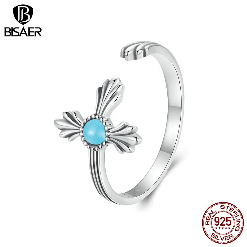 BISAER Bague ouverte vintage en argent sterling 100 % 925 avec croix et turquoise rétro pour femme, bijoux fins de fête ECR1061