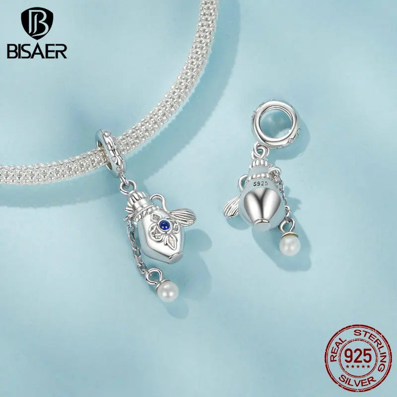 BISAER 925 Sterling Silver Original Certifié Vintage Parfum Bouteille Charm Perle Chaîne Pendentif Fit Femme DIY Fabrication de Bijoux