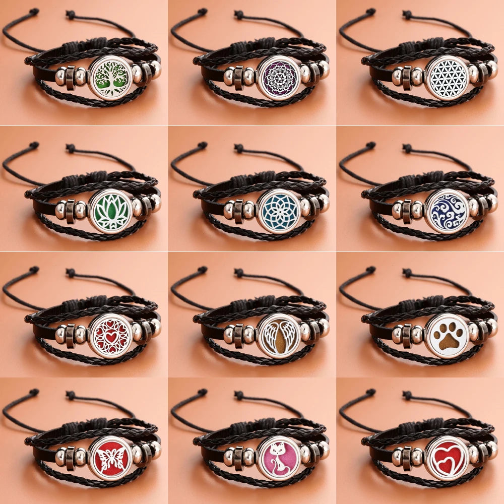 Black Leather Aromatherapy Bracelet Bangle Adjustable Leather Bracelet Perfume Essential Oil Diffuser Bracelet Locket Jewelry