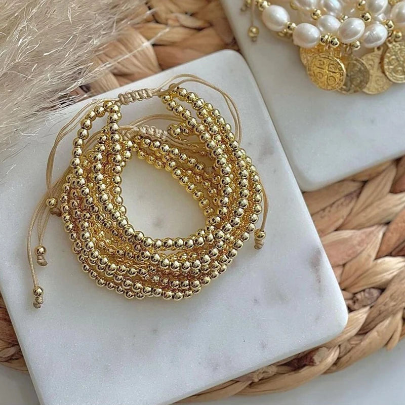 Fashion Layered Beaded Bracelet For Women Men Vintage Chunky 18K Gold Plated Copper Metal Multilayer Bracelets Jewelry Gifts New