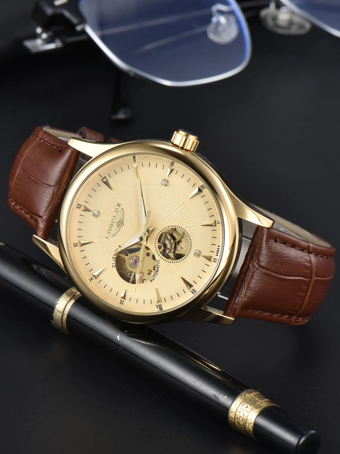 LONGLUX automatic watch elegant style wholesale mechanical wristwatches skeleton rome waterproof mens watch men gift - Madeinsea©