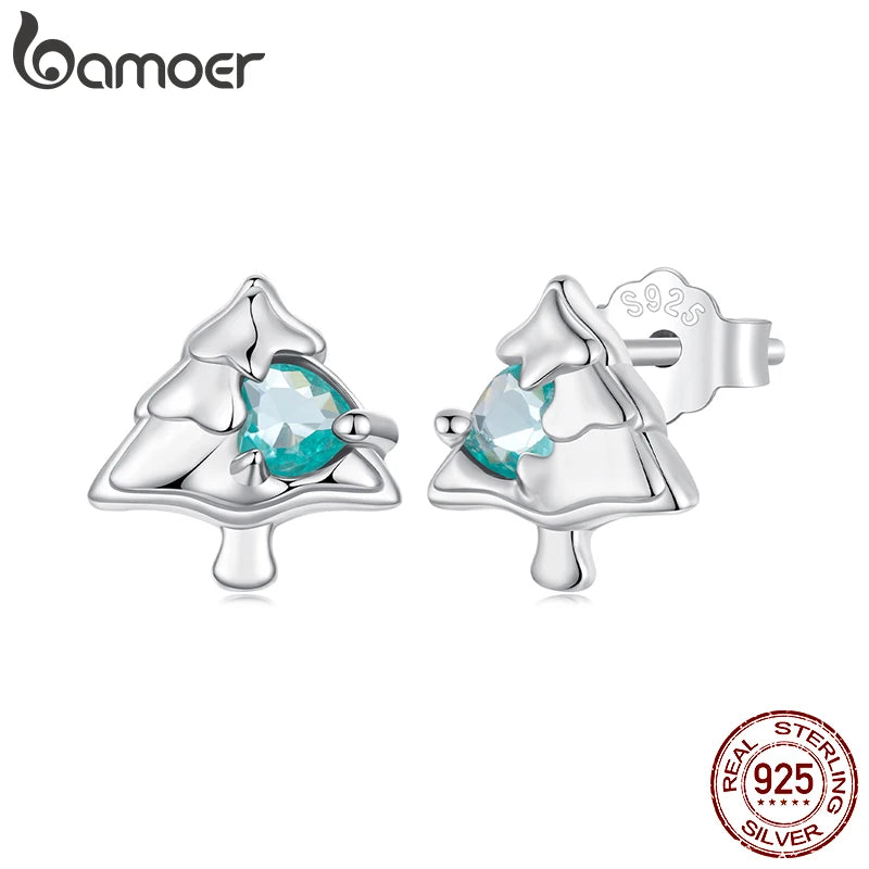 BAMOER 925 Sterling Silver Christmas Tree Stud Earrings, Plated White Gold Green Heart CZ Piercing Earrings for Girls Xmas Gift