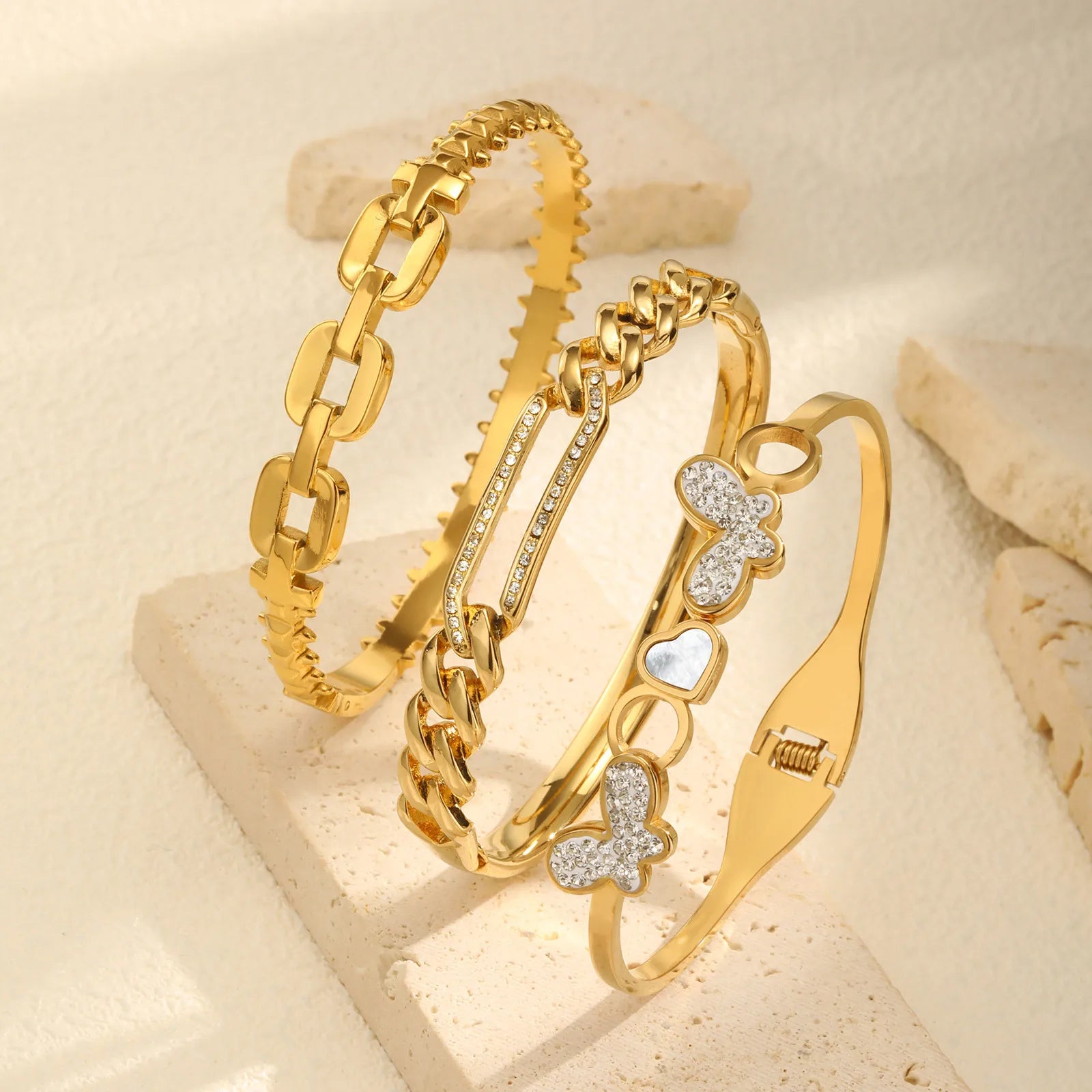 Vnox Women's Hand Jewelry Bracelet Stainless Steel Cute Heart Butterfly Bangle Dainty Rhinestones Accessories Fashion Party