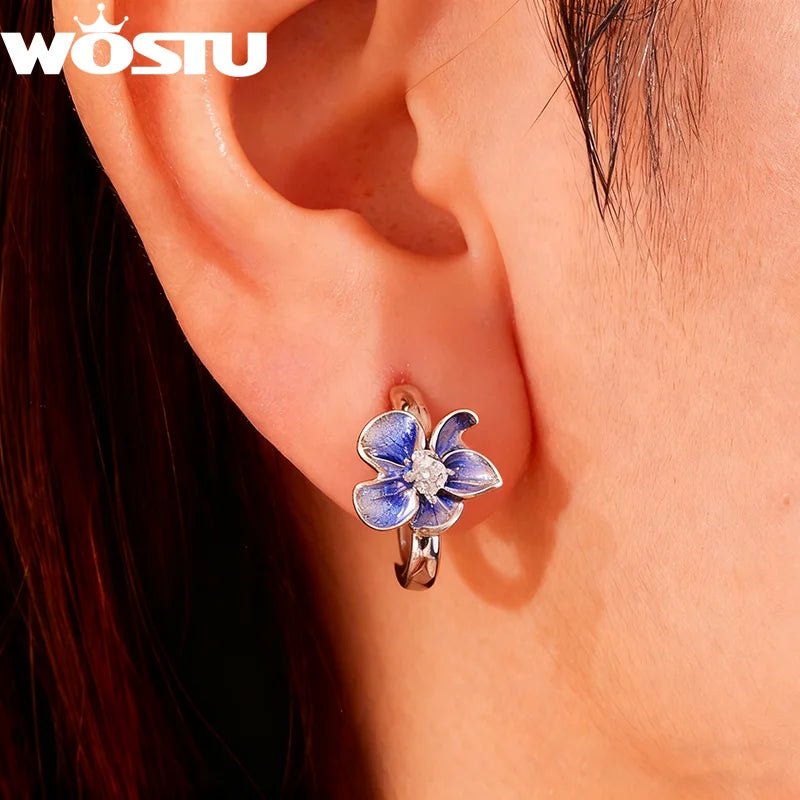 WOSTU 925 Sterling Silver Mystical Purple Flower Hoop Earrings For Women , Wedding Engagement Luxury Drip Oil Iris Earring Gift