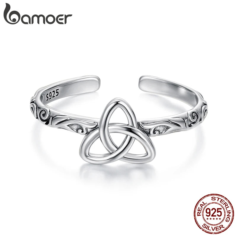 BAMOER 925 Sterling Silver Embossed Vintage Celtic Pattern Ring for Women Simple Silver Adjustable Ring Fine Jewelry Gift