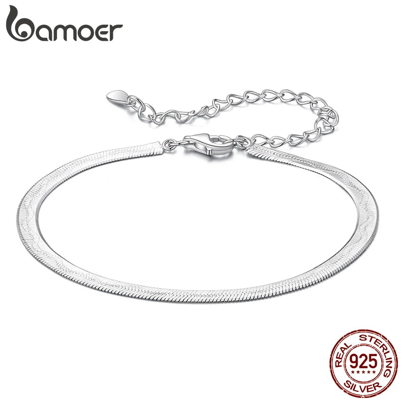 Bamoer Armband aus 925er Sterlingsilber mit breiter Schlangenkette, stapelbar, mit Schlangenmuster, zartes Geschenk für Damen