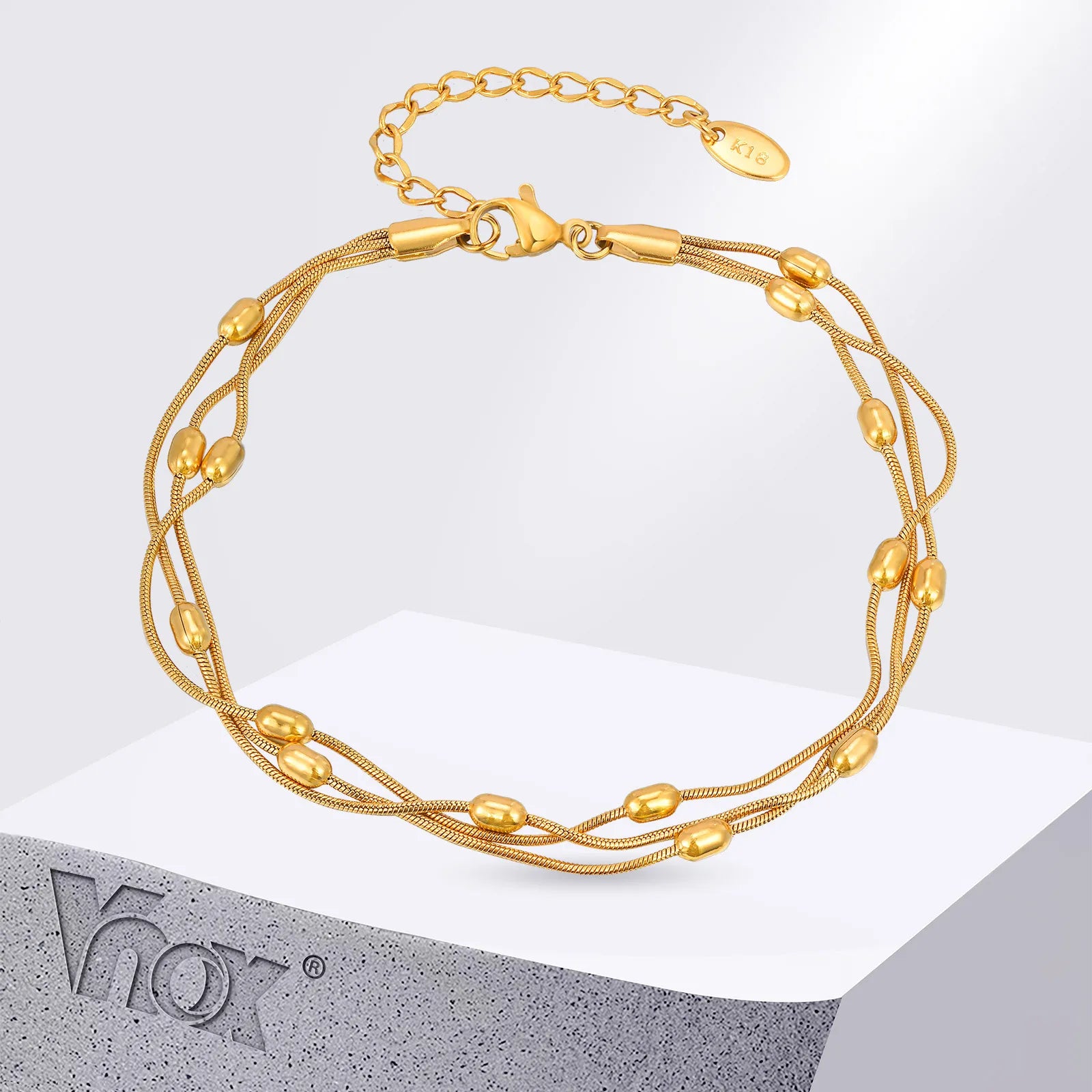Vnox Summer Stainless Steel Three-layer Snake Chain Anklets For Women Gold Color Circle Bead Foot Hand Jewelry Fashion Style