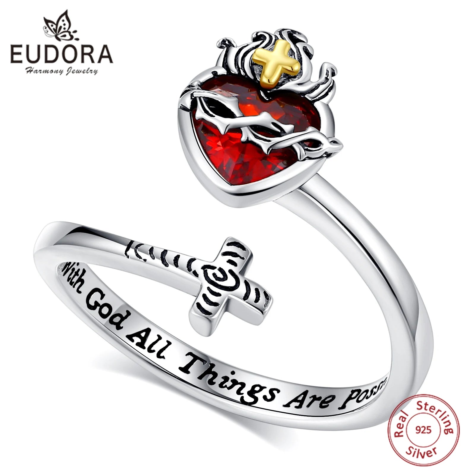 Eudora 925 Sterling Silver Sacred Heart of Jesus Adjustable Ring Cross Ring God's Love Amulet Jewelry Christian Gift for Women