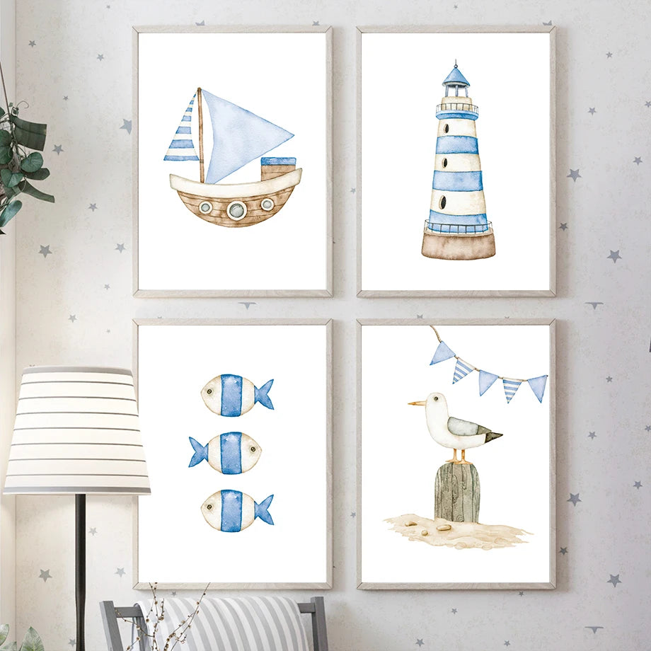 Sailboat / Lighthouse Nautical Nursery Posters And Canva Prints