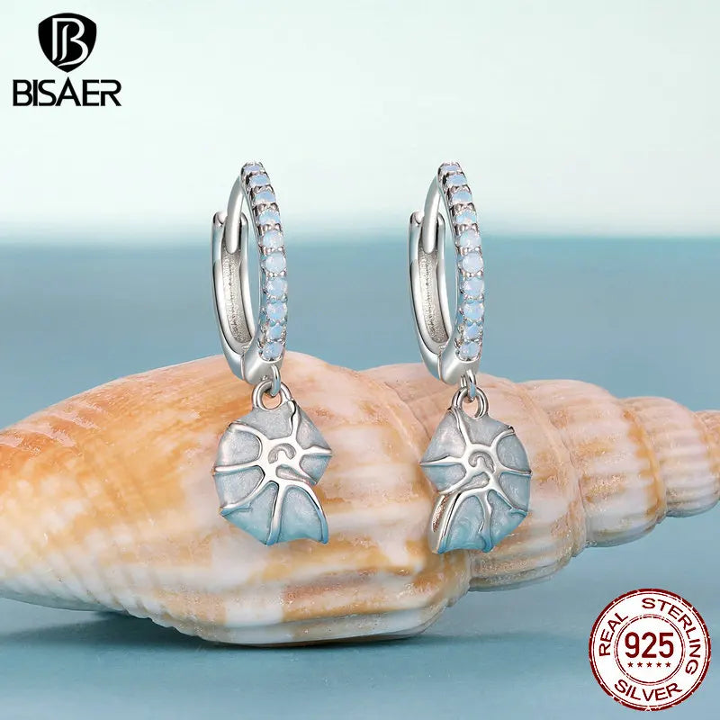 BISAER 925 Sterling Silver Blue Seashell Hoop Earrings Bule Enamel Buckles Plated White Gold For Woman Fine Jewelry Holiday Gift